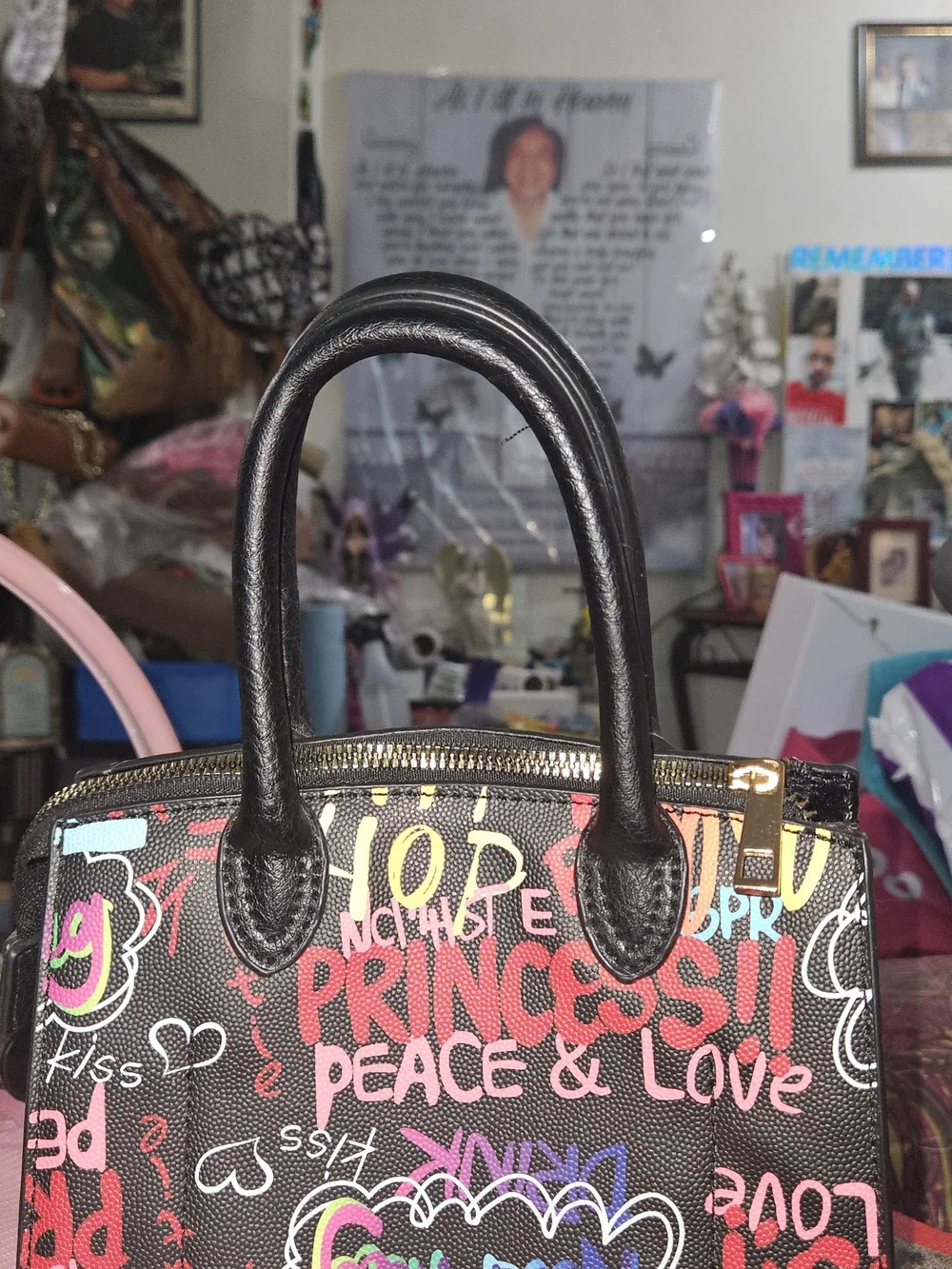 Black Graffiti-Print Satchel Handbag with Gold Lock